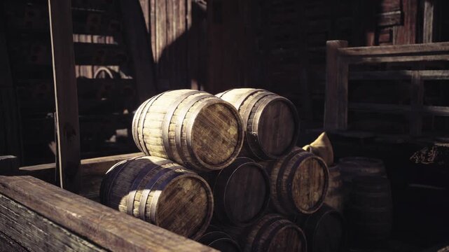 Stacked oak barrels in distillery cellar, warm low light casting deep shadows across weathered staves and metal hoops, wooden racks and aged crates
