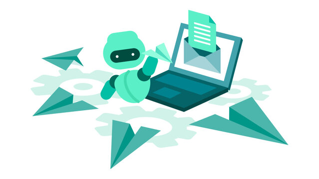 Smart AI assistant character managing bulk email marketing campaigns and automated newsletter delivery from a laptop for efficient customer retention