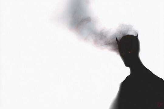 Dark demon silhouette with ember eyes and smoky horns for horror background and ominous poster design