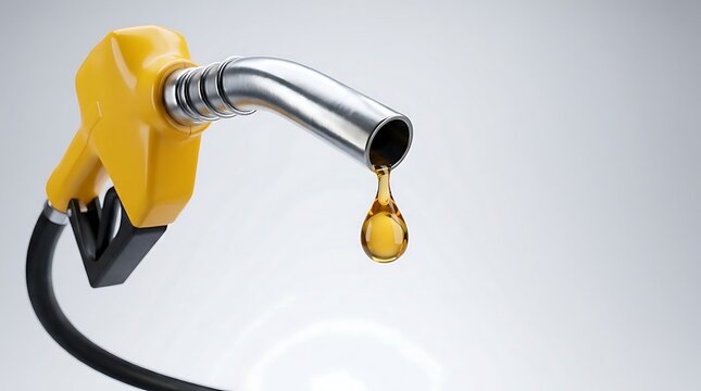Fueling station nozzle with dripping gasoline drop, symbol of energy industry, cost, and economic fluctuations in global oil market.