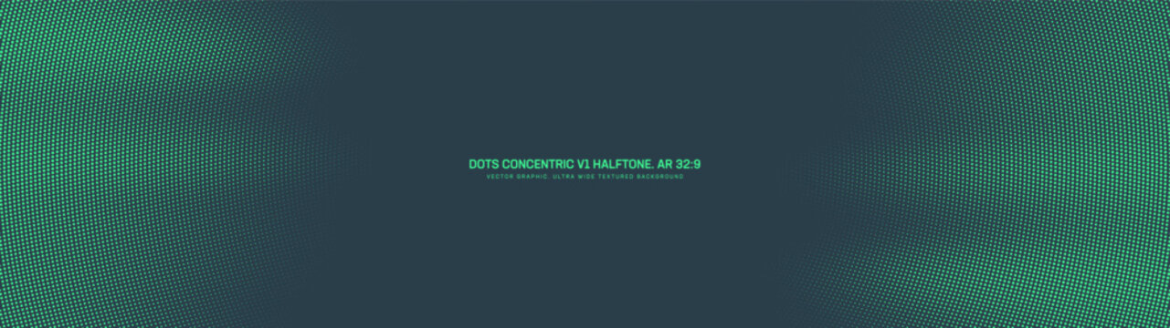 Halftone dots concentric grid pattern fluid frame with smooth dynamic edges ultra wide 32:9 aspect ratio mint green vector abstract background. Half tone mod graphic ultrawide layout for presentations