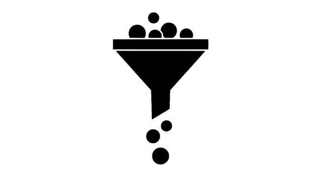 Minimal black silhouette icon, simple flat vector, bold black shape, no, no shading funnel icon with falling particles on a, flat icon style