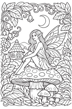 Vector art of a cute fairy sitting on a large mushroom, designed in fairytale style for coloring, magic fantasy themes, and children creative illustration.