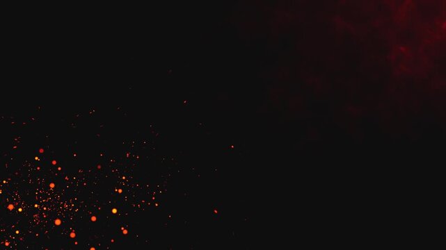 2D Fire embers rising through smoky air with glowing ash particles and burning sparks, abstract cinematic overlay animation on black background, seamless loop motion graphics stock footage in 4k