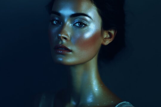 Retro futurism beauty model portrait with silver blue radiant glow for fashion poster and editorial background