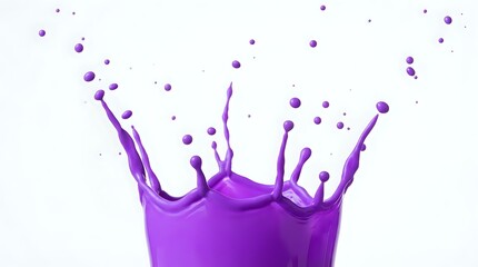 Fototapeta premium Dynamic purple liquid splash with flying droplets frozen in motion on a white background, capturing vibrant energy and fluid movement.