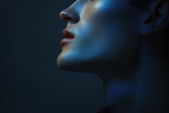 Artistic editorial close up of model chin and lower jaw with blue iridescent makeup for fashion background and poster design
