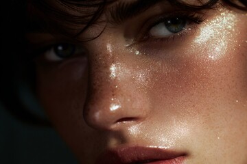 Fototapeta premium Extreme macro closeup of wet glossy skin with visible pores and freckles for skincare editorial and texture background use