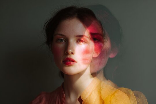 Double exposure portrait of woman with red light and ghosted profile for editorial background and poster design