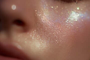 Fototapeta premium Macro closeup of opalescent shimmer on radiant skin for beauty background and skincare product banner