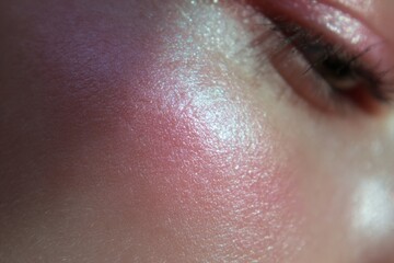 Fototapeta premium Closeup iridescent cheek highlight on natural skin for beauty marketing background and makeup banner use
