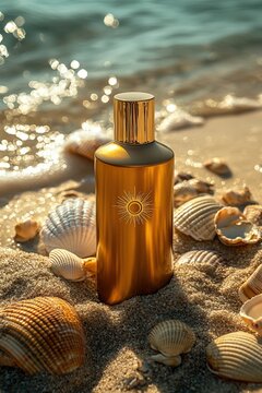 Golden sunscreen bottle surrounded by seashells on sandy beach at sunny day