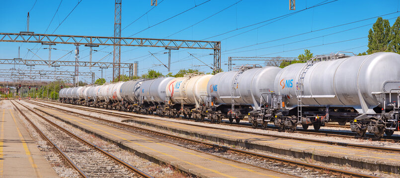 3 May 2026, Pancevo, Serbia: NIS fuel tank wagons carrying petroleum products on tracks, representing cargo transport, logistics, and industry