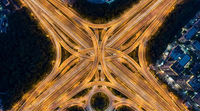 Overhead aerial view of complex highway interchange at night with light trails from cars creating vibrant patterns.