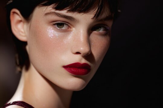 Runway supermodel closeup with fragmented glass effect and red lipstick highlight for fashion poster and beauty campaign background