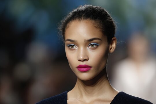 Runway supermodel portrait with bold lip and clean skin for fashion show banner and beauty editorial design