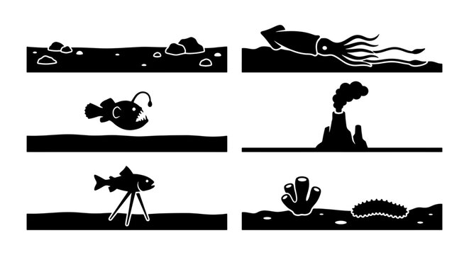 Deep Sea Creatures & Marine Life Icons, Ocean Ecosystem Vector Set