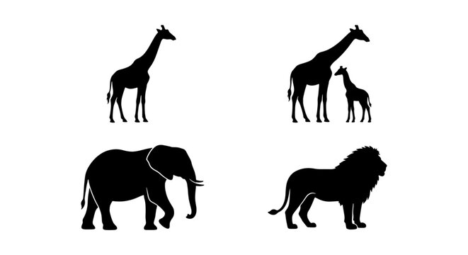 African Wildlife Silhouettes: Giraffe, Elephant, Lion Icons