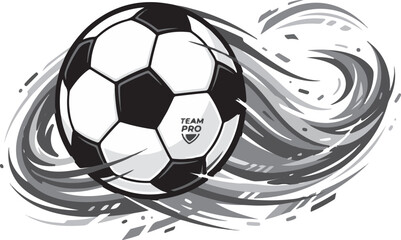 Fototapeta premium Clean vector illustration of a classic black and white soccer ball flying with dynamic speed trails, modern flat design, crisp outlines, isolated on white background, professional sports branding styl