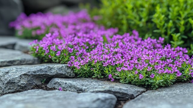 Vibrant creeping thyme thrives in modern xeriscape garden between flagstones