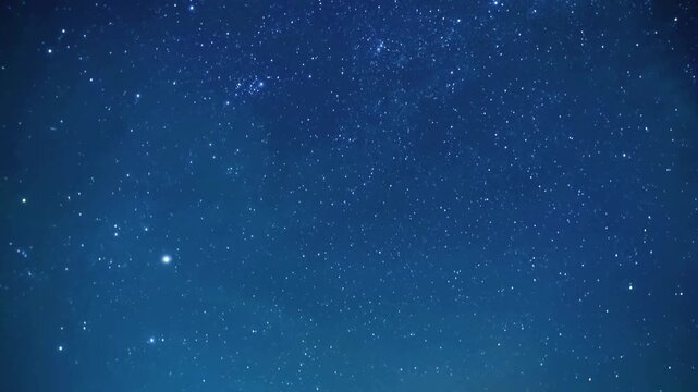 A tranquil timelapse of twinkling stars moving across a deep blue night sky above a dark mountain silhouette, ideal for astronomy, nature, travel, and peaceful background themes.