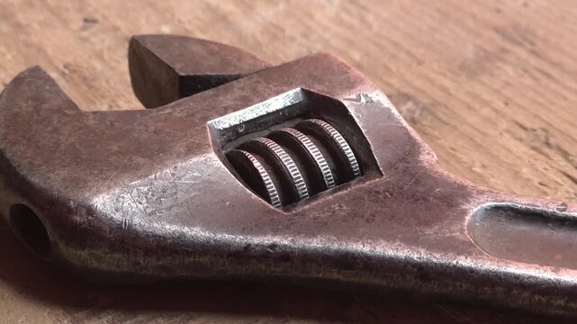 Old adjustable wrench lying on wooden workbench surface