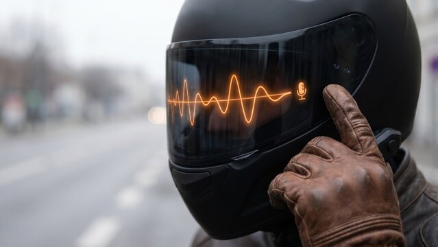 Smart Helmet with Visor Displaying AI Voice Control Feature on a Foggy Street