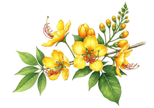 Botanical of a blooming senna spectabilis branch with vibrant yellow flowers, green leaves, and closed buds on a black background