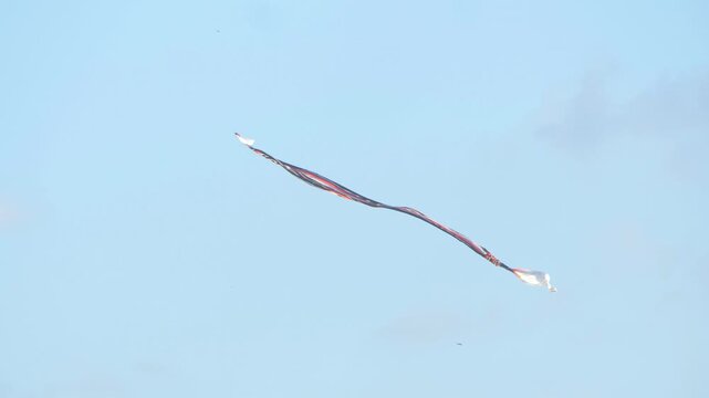 Slow motion: traditional Balinese kite streamer soaring against a clear blue sky in Bali, Indonesia. Minimalist composition captures motion wind cultural heritage outdoor recreation