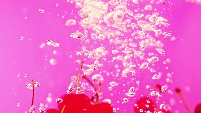 Slow motion close-up of fresh red cherries falling through clear water, forming sparkling bubbles and splashes against a vivid pink studio background for food, drink, summer or advertising projects.