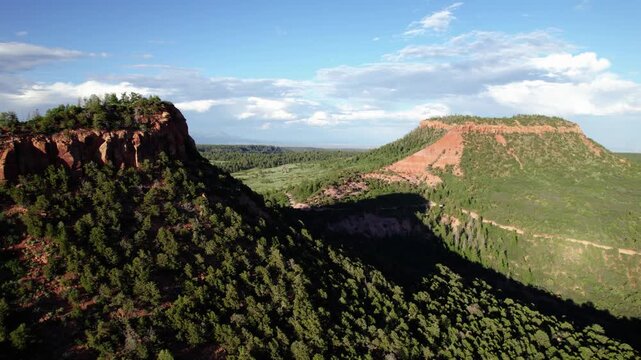 Drone aerial of both east and west Bears Ears buttes in Bears Ears National Monument, Utah.