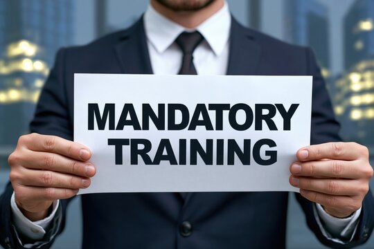 Corporate businessman holding a paper sign with mandatory training concept