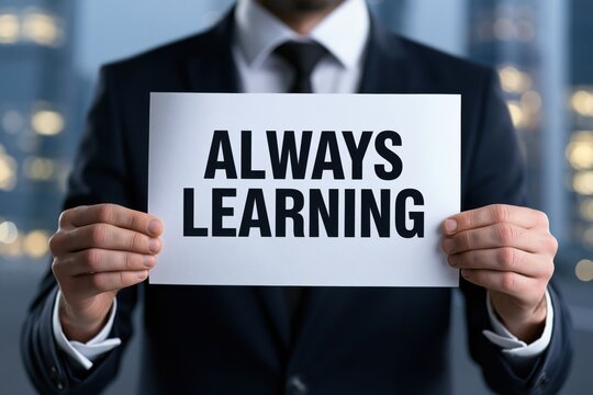 Corporate businessman holding a paper sign with always learning concept