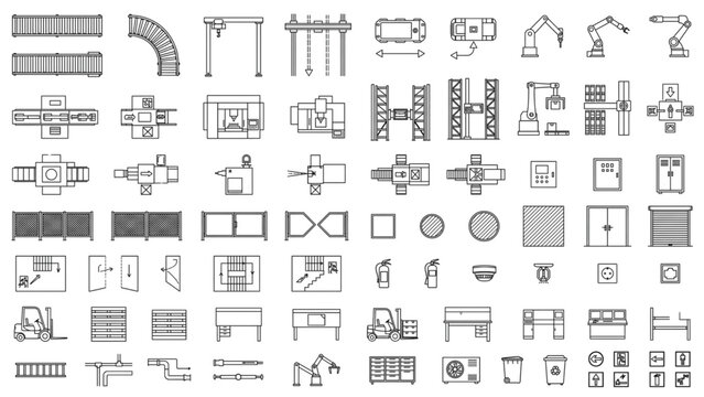 Top View Smart Factory Architectural CAD Blocks Vector Set &ndash; Industrial Automation Equipment, Manufacturing Plant Planning Elements Isolated on White