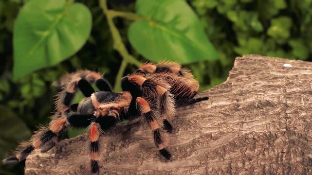 Close-up slow motion of a black and orange tarantula crawling across a log in a lush natural habitat, showing hairy legs, vivid markings, and wildlife detail.