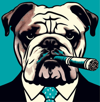 English Bulldog Gentleman with Cigar Vector Illustration, Serious Boss Dog in Suit and Tie, Vintage Comic Halftone Style Poster for Barbershop and Men Club