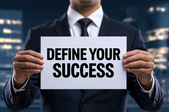 Corporate businessman holding a paper sign with define your success concept