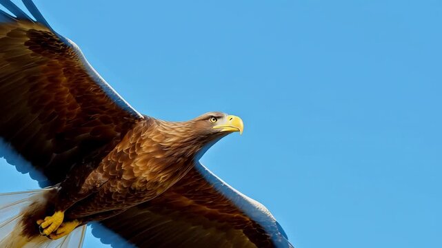 A majestic eagle soars gracefully through a clear blue sky, its powerful wings spread wide and sharp talons poised for flight.