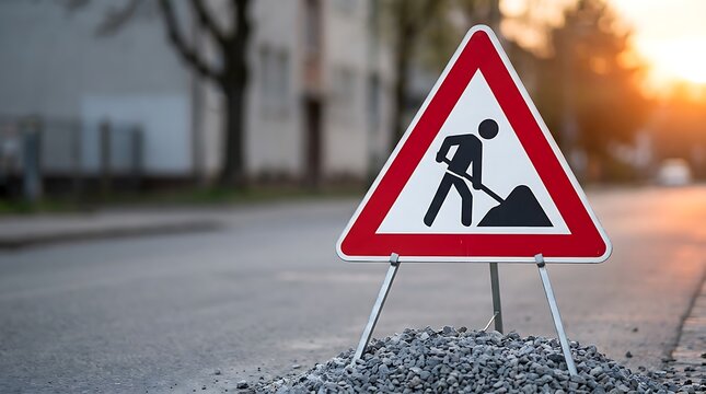 Road construction sign warns of work ahead showing silhouette of person digging with shovel in gravel pile on asphalt street at sunset.