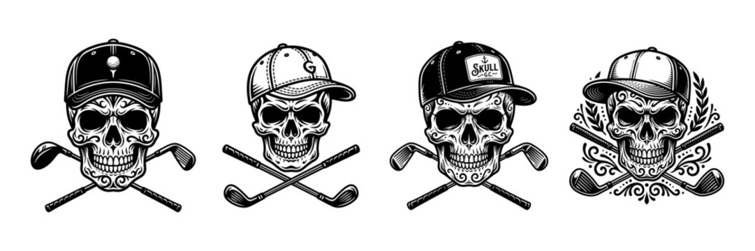 Golf skull in baseball cap with crossed clubs, day of dead skull art.