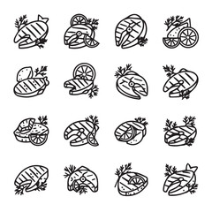 Naklejka premium Grilled Fish Steaks with Lemon and Parsley Line Icons Set