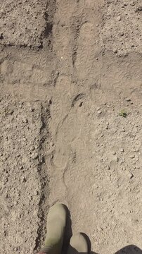 Walking on footpath between garden beds with footprints in loose soil.