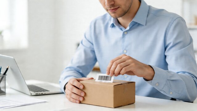 A man in a blue shirt is sitting at a desk, carefully affixing a shipping label to a cardboard box. The box and a laptop are on the desk, with papers scattered around.