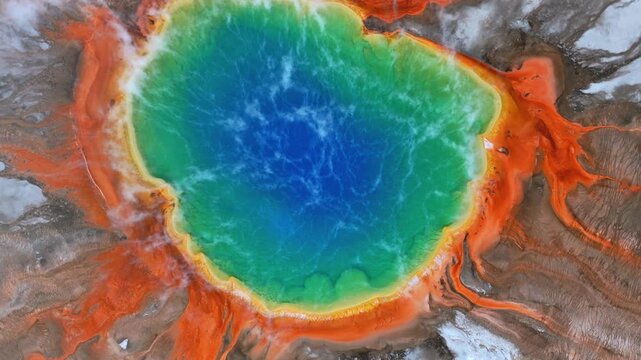 Midway Geyser Basin vibrant turquoise hot springs pool Grand Prismatic Spring aerial drone birdseye earth view Yellowstone National Park Wyoming thermal steam Boardwalk trail nature landscape downward