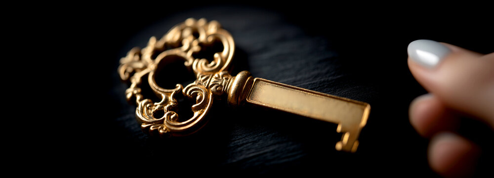 Antique Ornate Golden Key on Black Surface with Hand Reaching Out