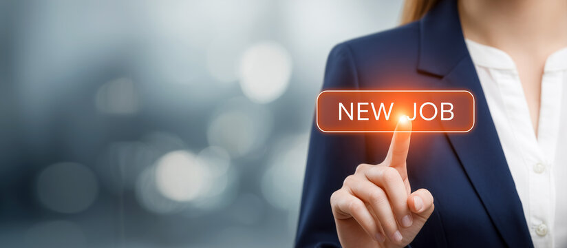 Businesswoman Pressing Radiant New Job Button on Virtual Screen with Copy Space