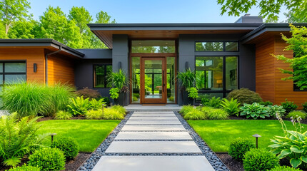 Fototapeta premium Modern single story house entrance with wooden cladding, glass door, landscaped front yard garden and concrete pathway