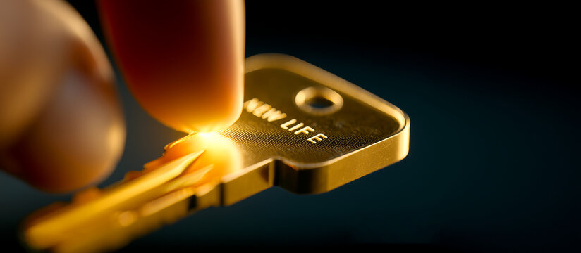 Close up of hand touching golden key with text New Life, concept of future, hope and new beginning