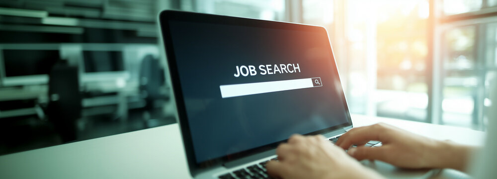 Close up of person hands typing on laptop with job search website on screen in modern office
