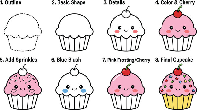 Vector illustration of cartoon cupcake drawing tutorial with step‑by‑step sketch and coloring progression representing art and education themes